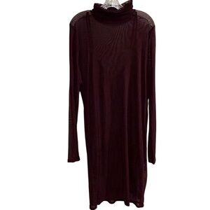 Nicki Minaj Women's 3X Burgundy Long Sleeve Mock Neck  Slip Dress Sheer Overlay